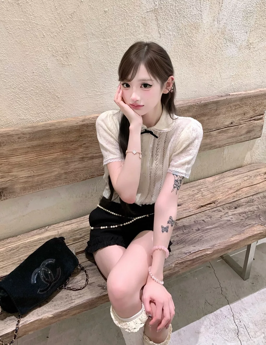 샤넬 배색 레이스 카라 반소매 니트 탑 상세 이미지 27