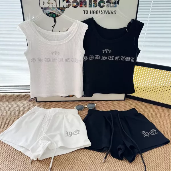 크롬하츠 핫픽스 장식 와플 민소매 상하의 세트