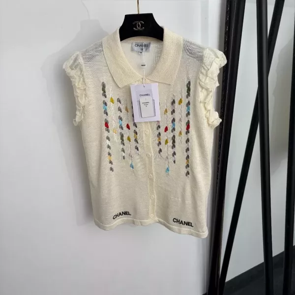 샤넬 로고 자수 레터링 플러터 슬리브 니트 조끼