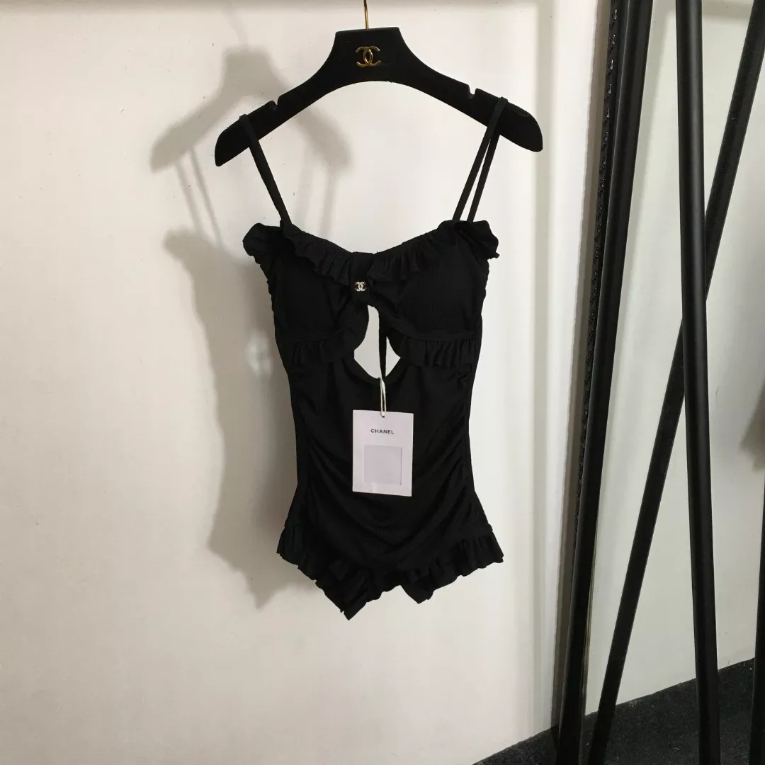 샤넬 프릴 디테일 로고 장식 백리스 원피스 수영복 상세 이미지 1