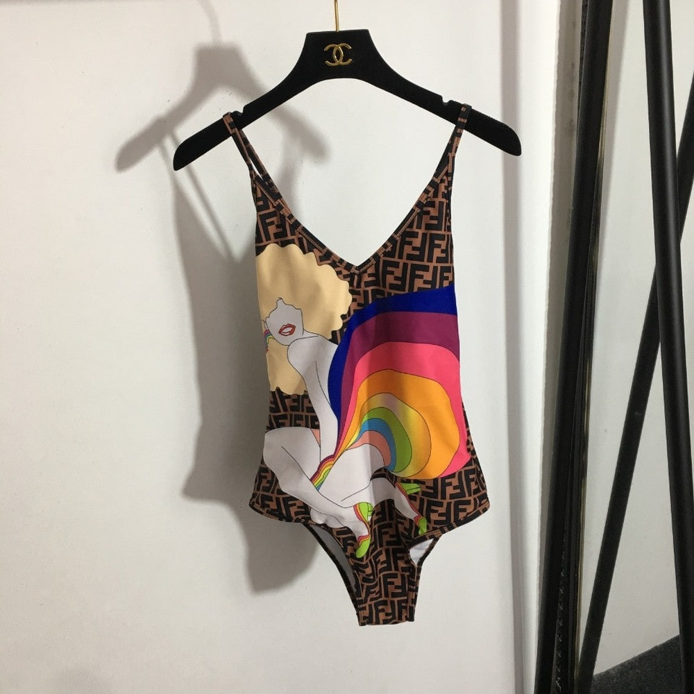 펜디 더블 F 레터링 프린트 원피스 수영복