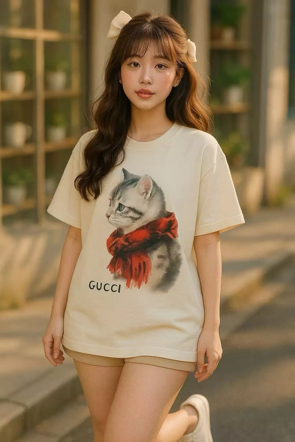 구찌 스카프 고양이 프린트 반소매 티셔츠 상세 이미지 11