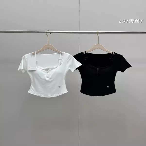 룰루레몬 브라패드 내장 레이스 트리밍 버튼 반소매 티셔츠 2종 세트