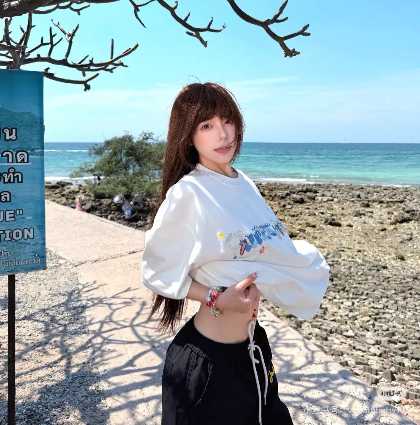 아메리칸익스프레스 진주 장식 타월 자수 반소매 티셔츠 상세 이미지 31