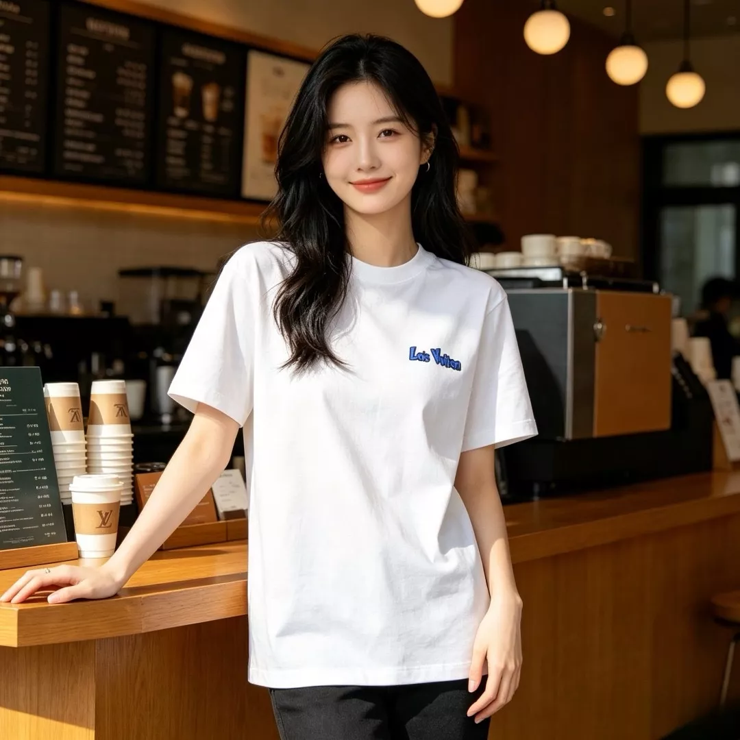 루이비통 블루 화이트 그래피티 로고 앞뒤 프린팅 반소매 티셔츠 상세 이미지 13