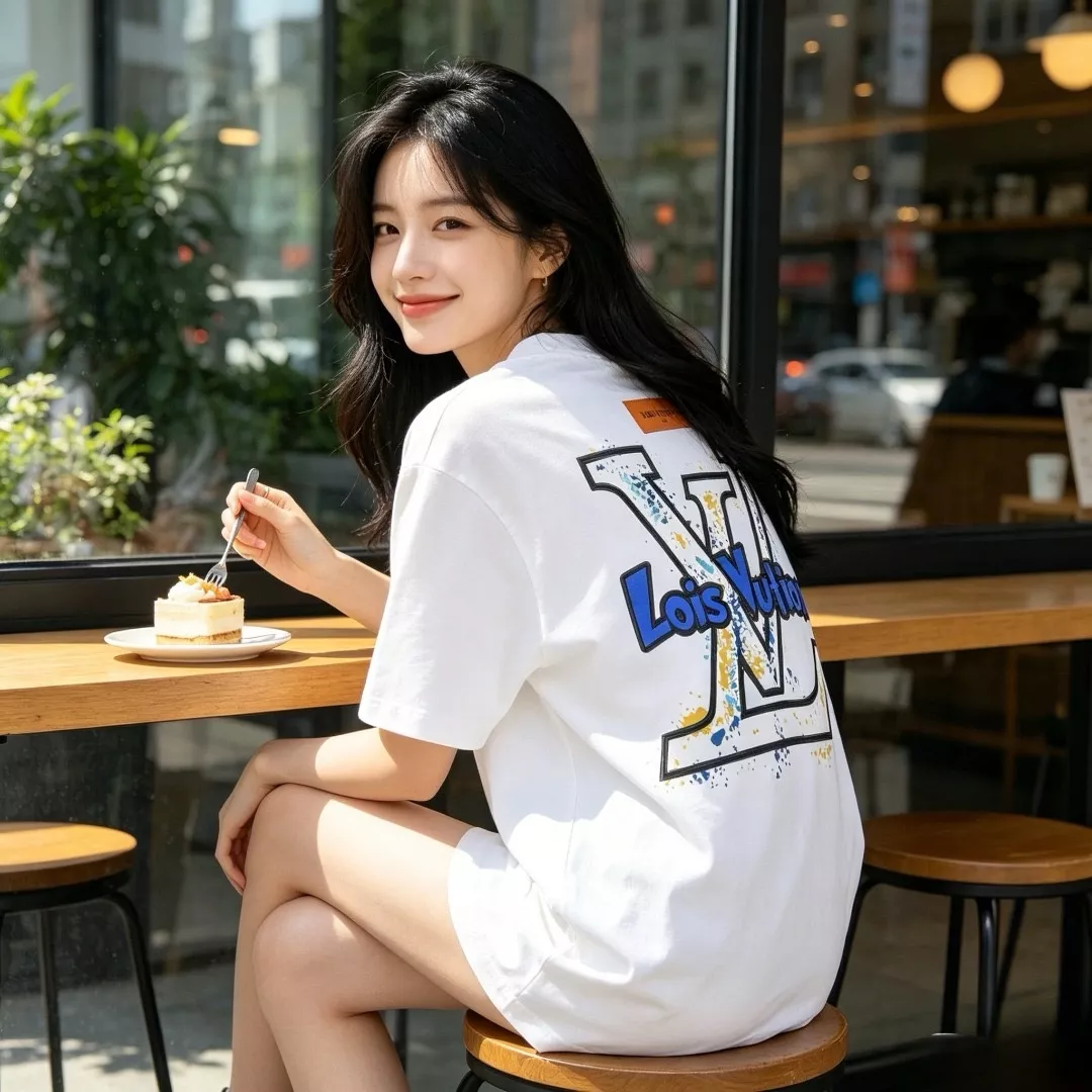 루이비통 블루 화이트 그래피티 로고 앞뒤 프린팅 반소매 티셔츠 상세 이미지 12