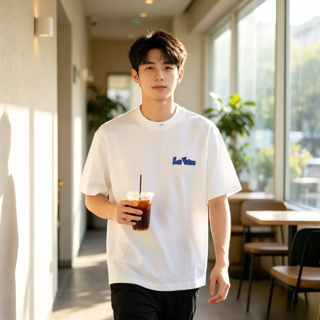 루이비통 블루 화이트 그래피티 로고 앞뒤 프린팅 반소매 티셔츠 상세 이미지 18
