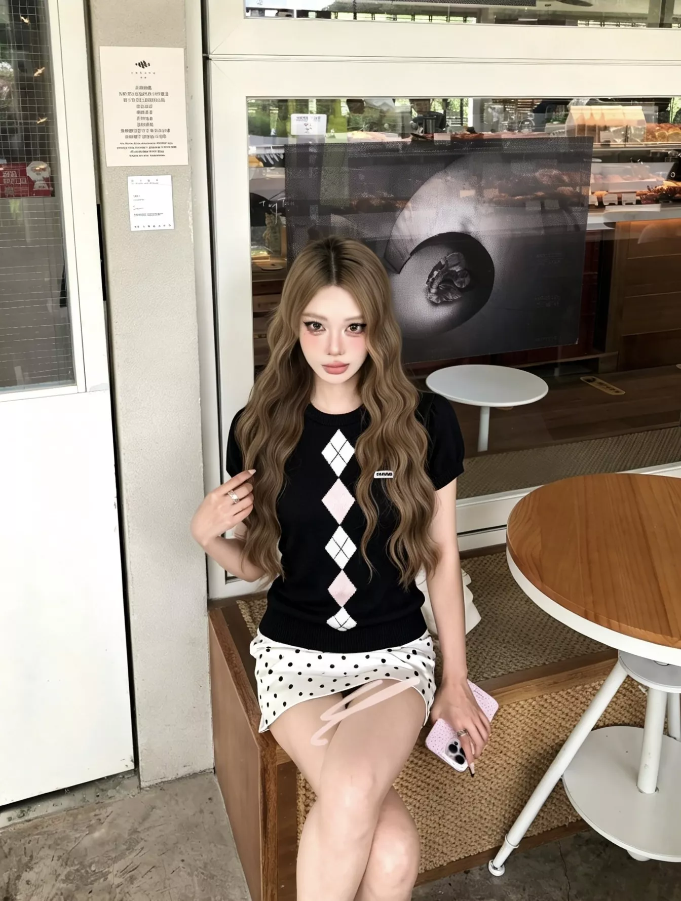 미우미우 복고풍 아가일 자카드 반소매 니트 탑 상세 이미지 14