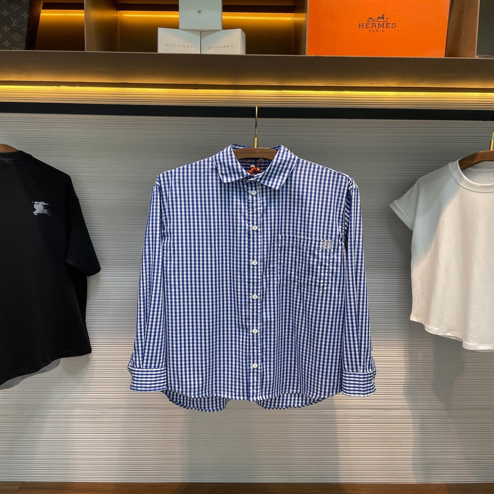 로에베 블루 화이트 체크 자수 포켓 긴소매 셔츠