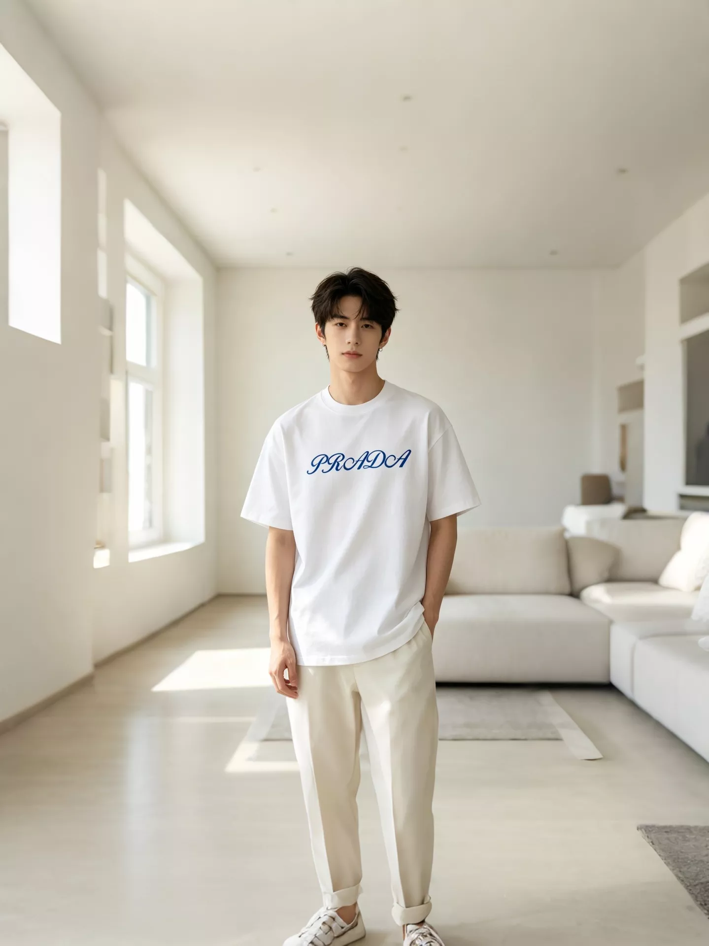 프라다 남성 로고 자수 반소매 티셔츠 상세 이미지 28