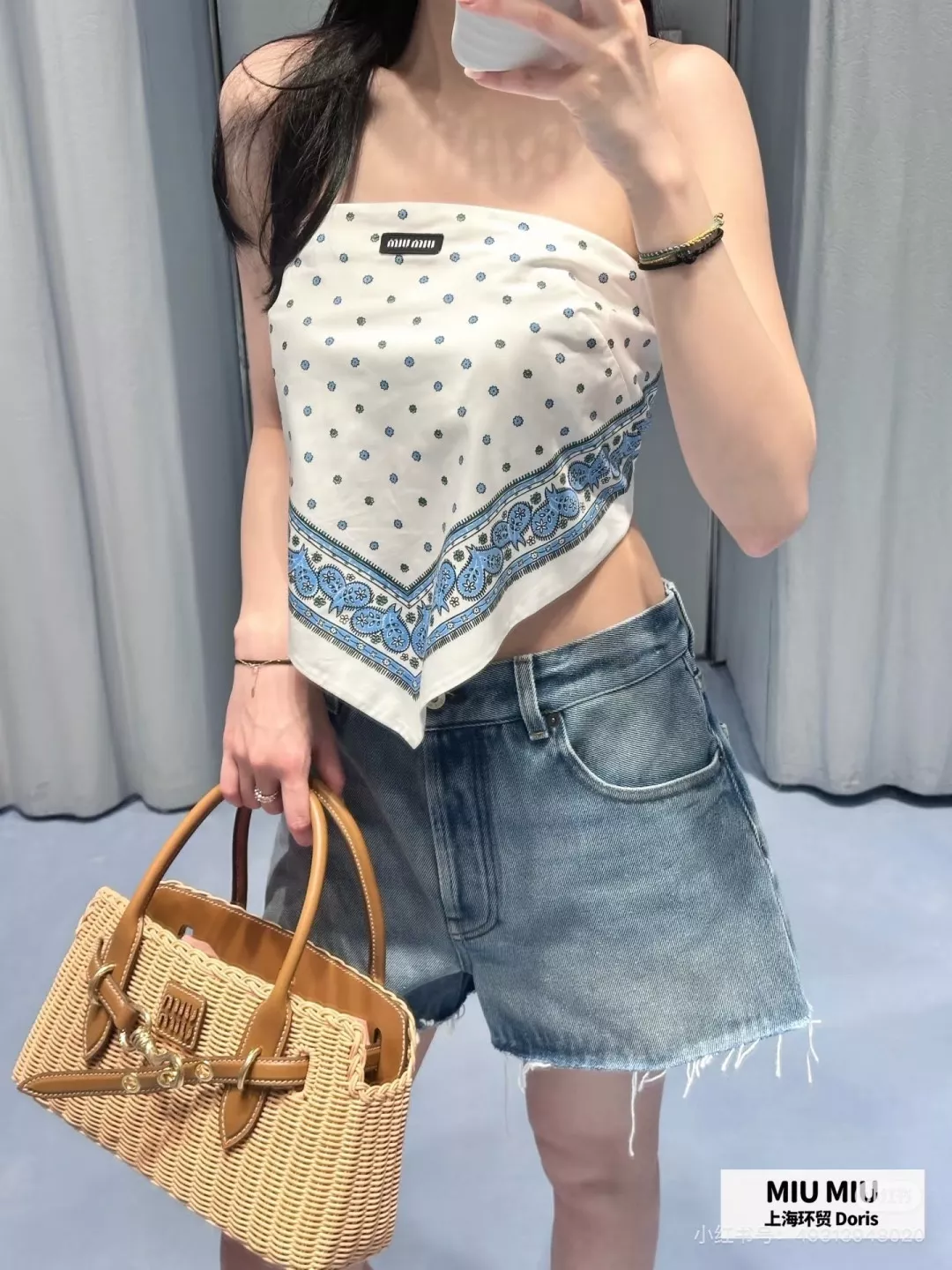 미우미우 자수 레터링 데님 쇼츠 상세 이미지 2