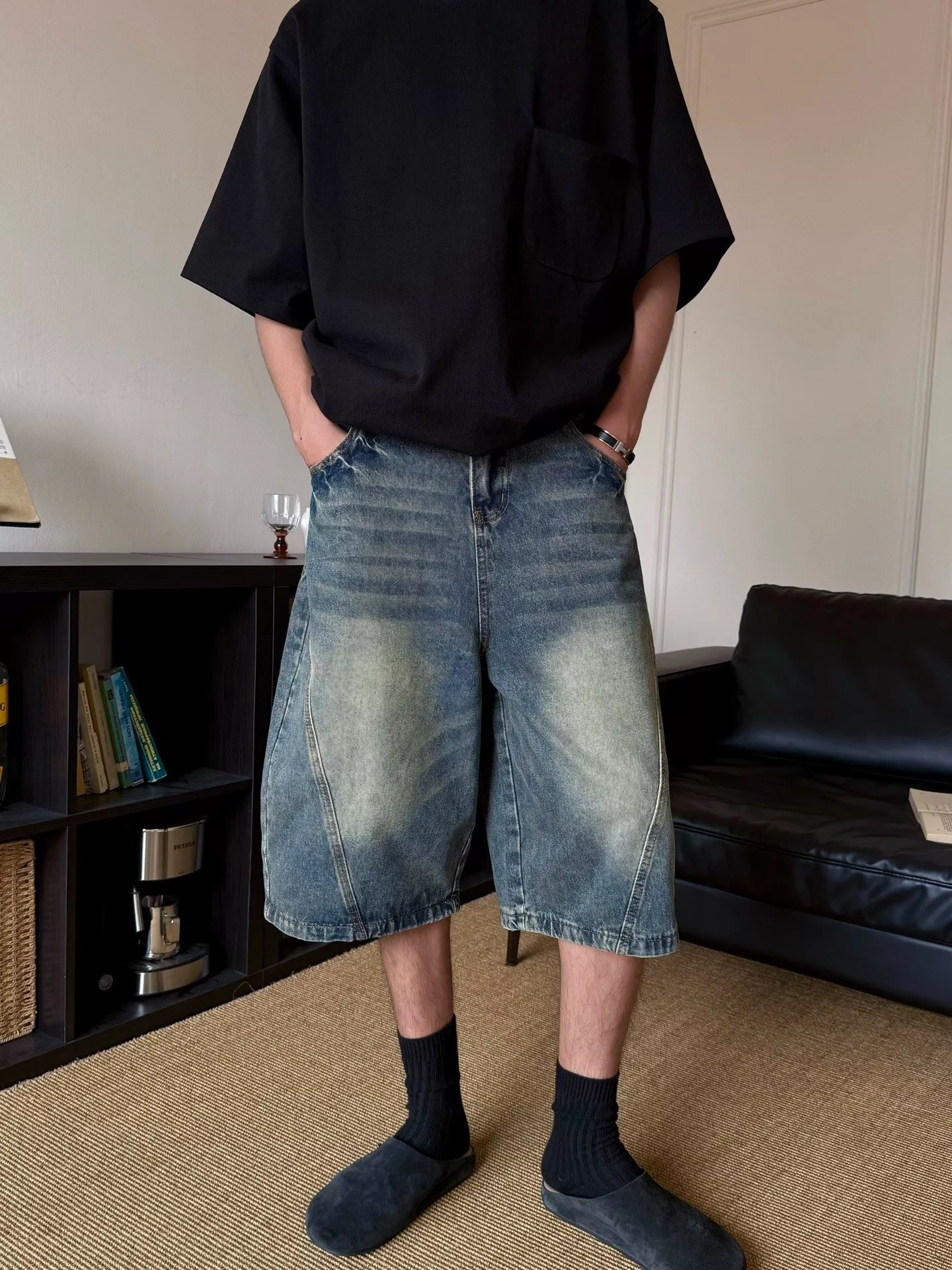 클린핏 빈티지 워싱 절개 데님 하프 팬츠 상세 이미지 14
