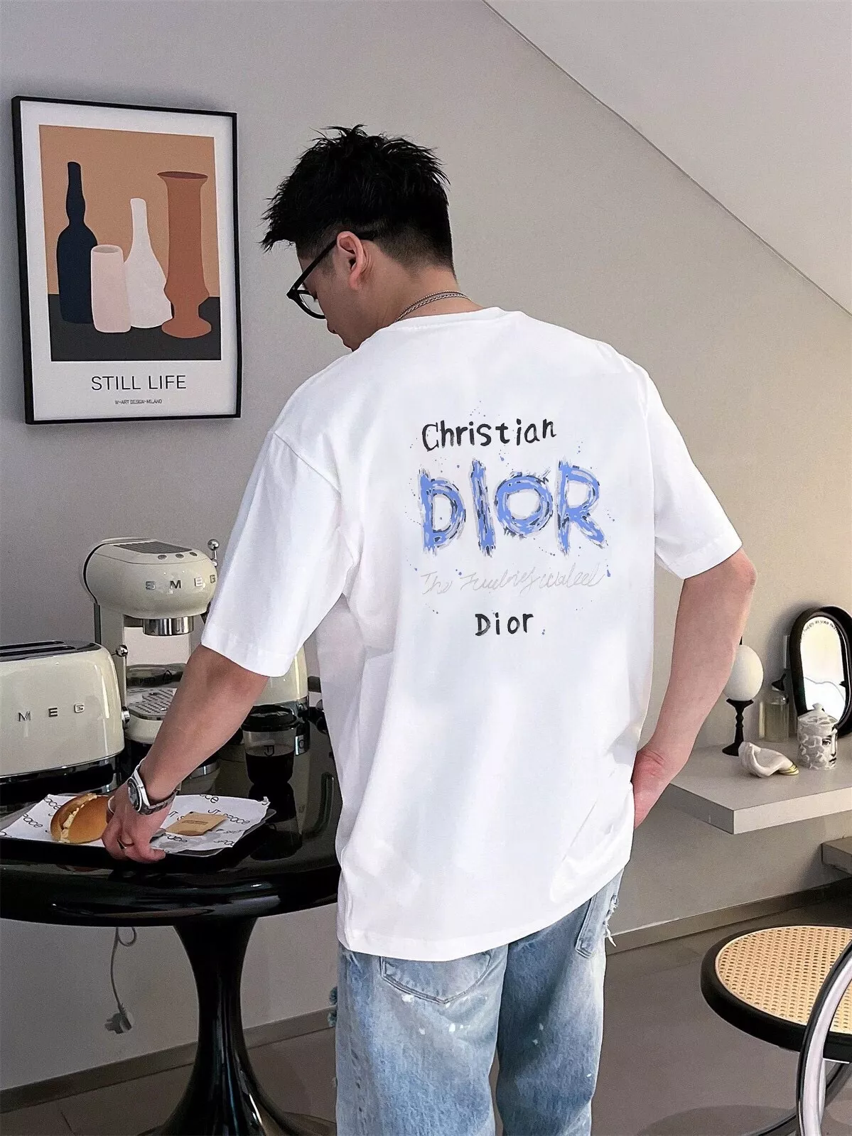 디올 CD 레터링 스플래시 프린트 라운드넥 반소매 티셔츠 상세 이미지 8
