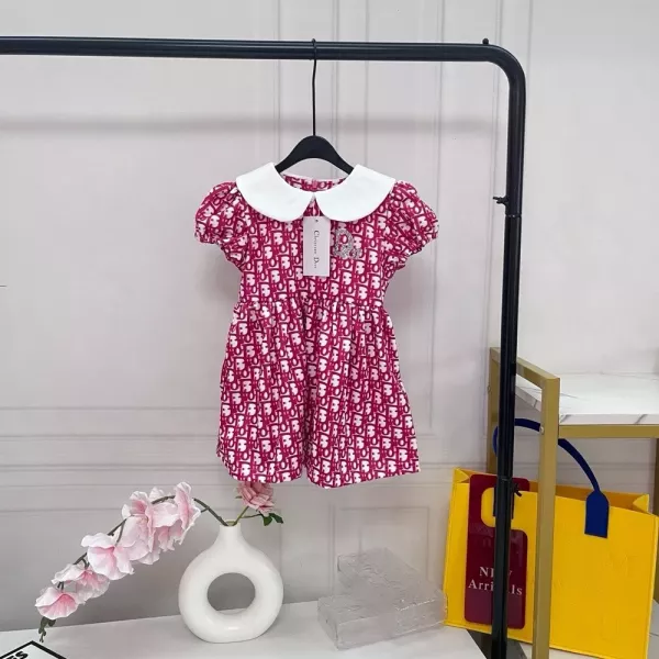 디올 로즈핑크 올오버 패턴 빅카라 퍼프소매 여아 원피스