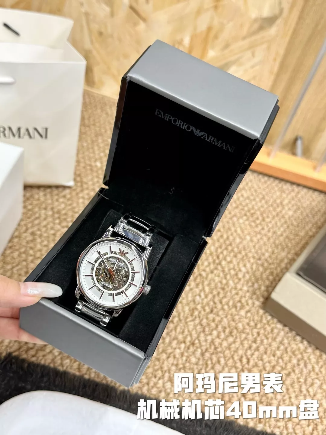 아르마니 40mm 스테인리스 브레이슬릿 기계식 워치 상세 이미지 2