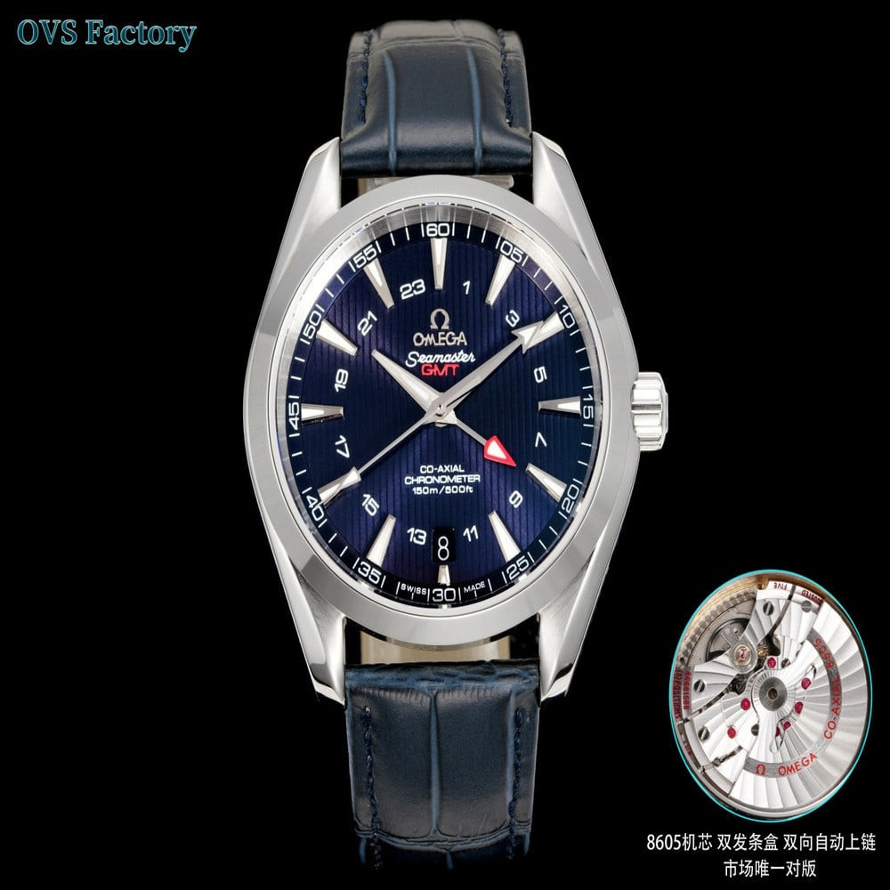 오메가 씨마스터 150 GMT 티크 패턴 43mm 가죽 스트랩 워치