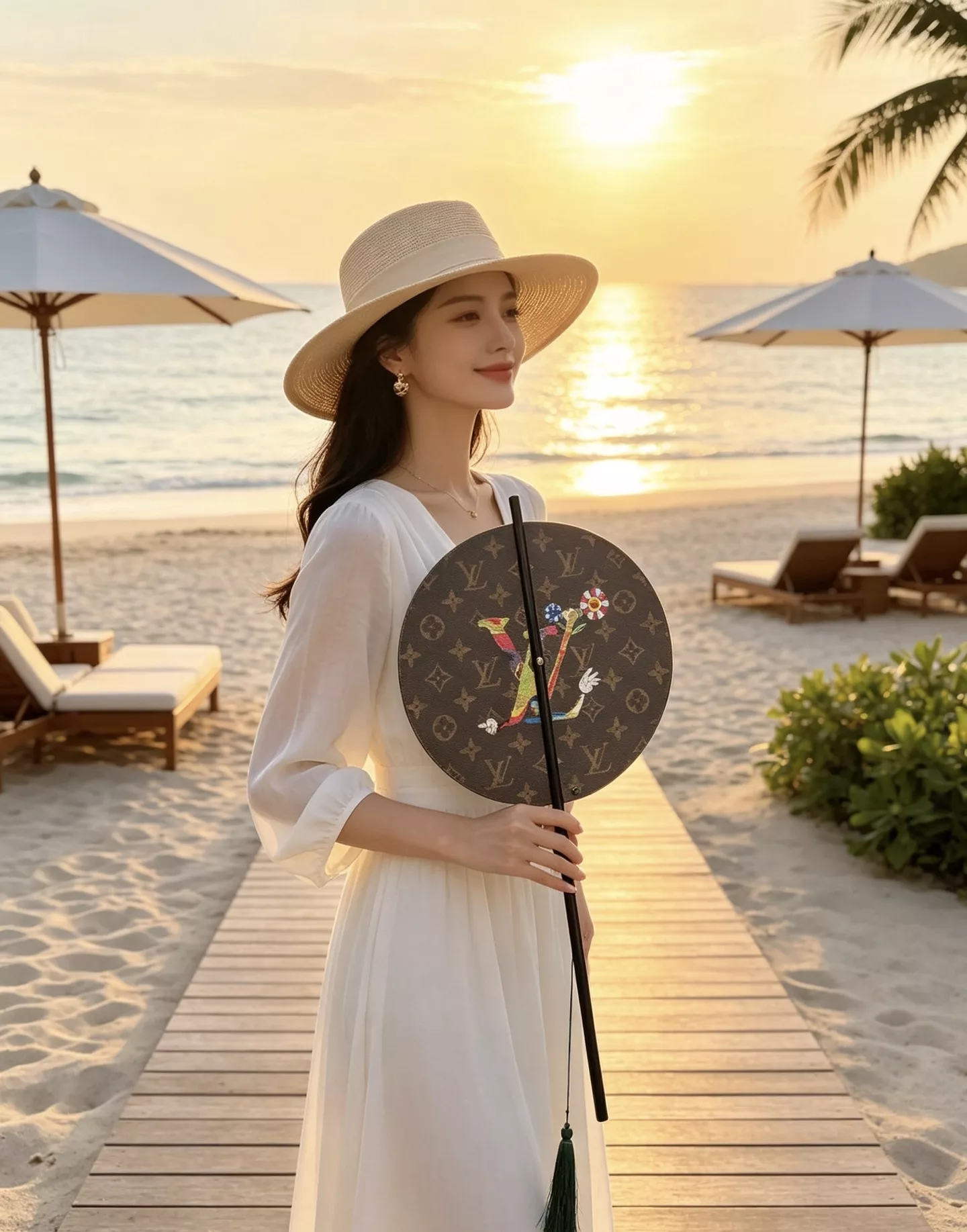 루이비통 모노그램 가죽 장식 중식 장손잡이 원형 부채 상세 이미지 40