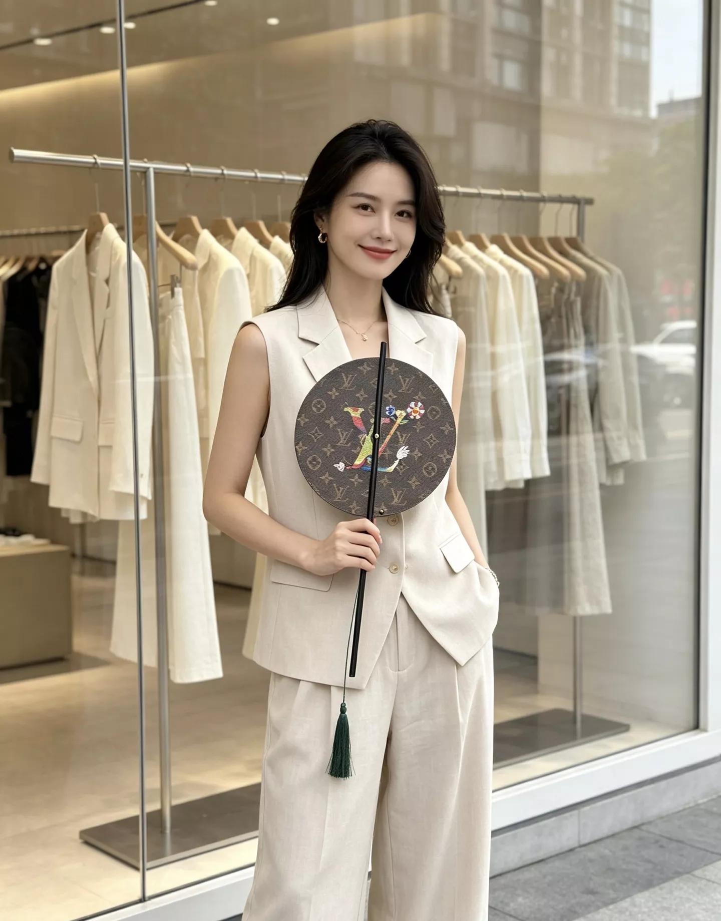 루이비통 모노그램 가죽 장식 중식 장손잡이 원형 부채 상세 이미지 34