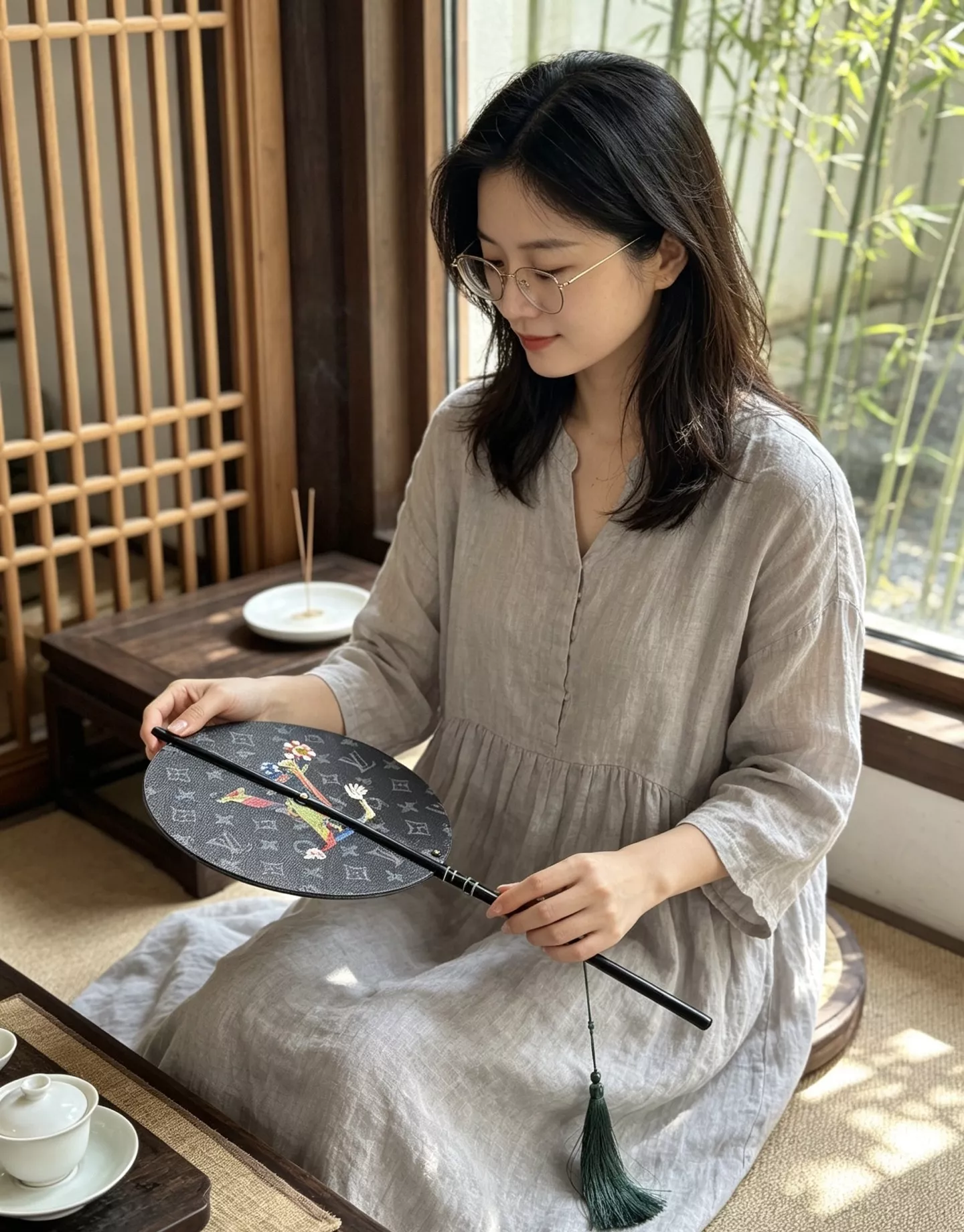 루이비통 모노그램 가죽 장식 중식 장손잡이 원형 부채 상세 이미지 55