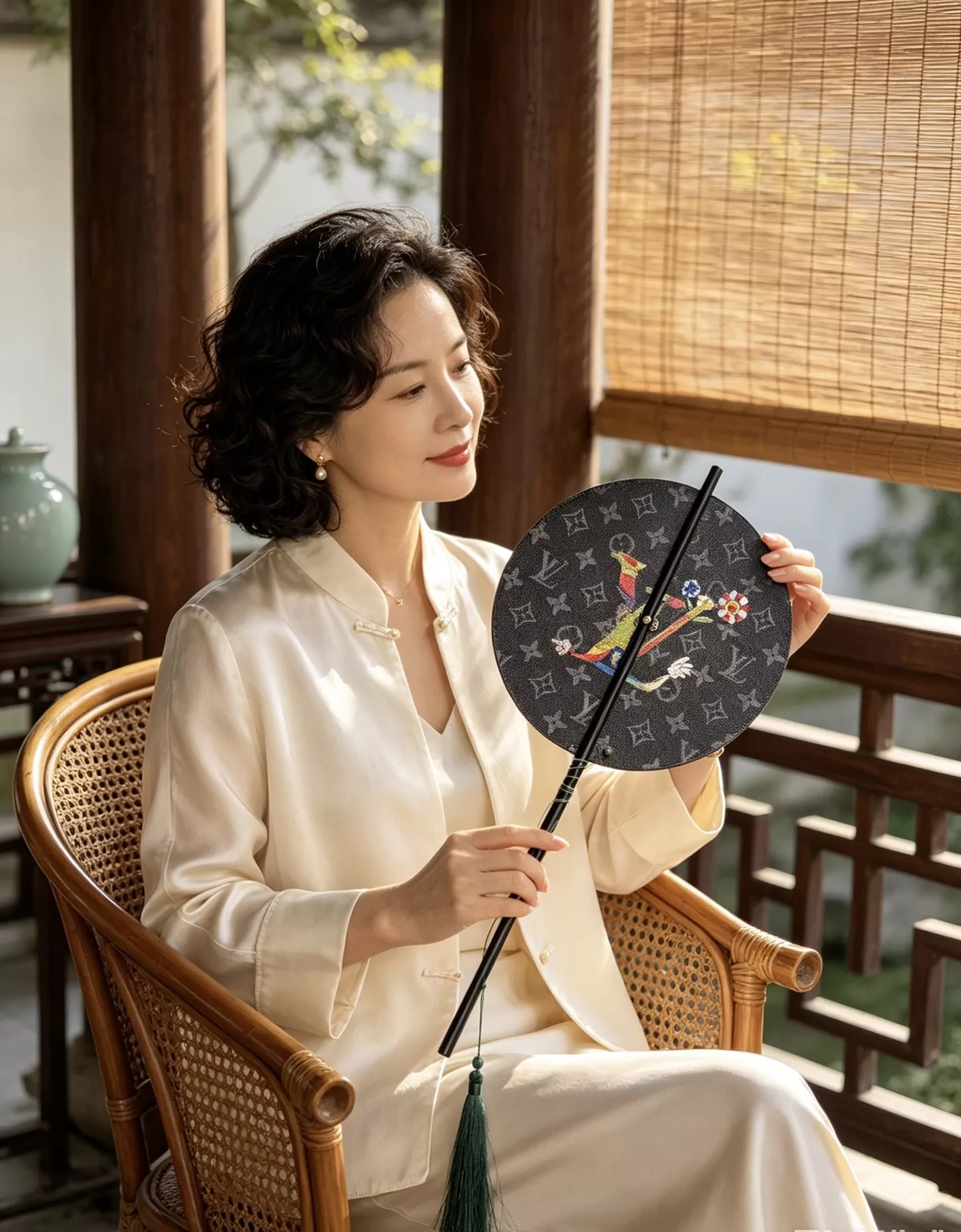 루이비통 모노그램 가죽 장식 중식 장손잡이 원형 부채 상세 이미지 36