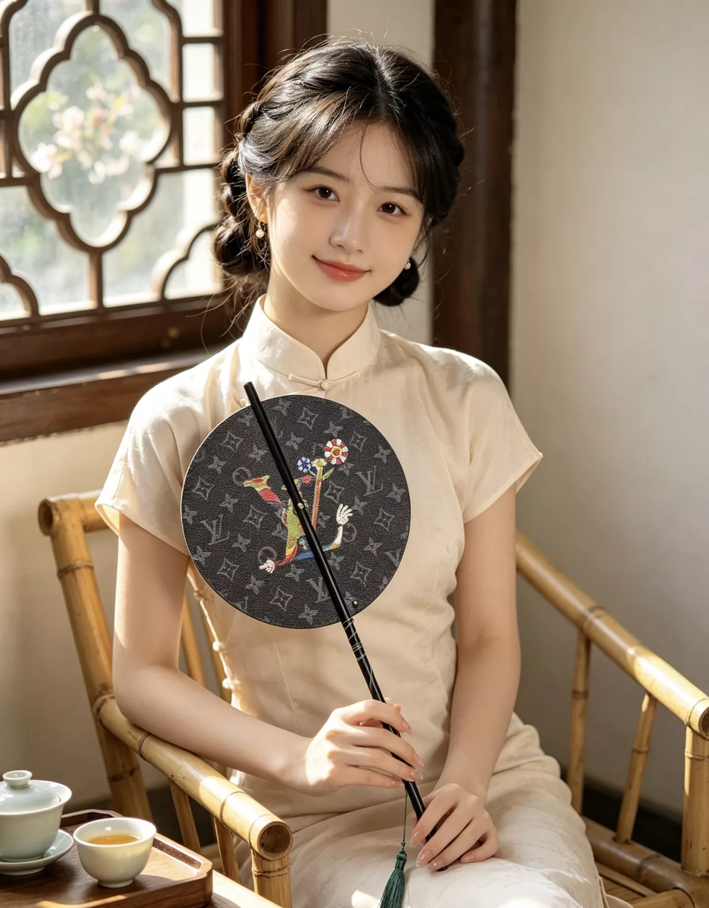 루이비통 모노그램 가죽 장식 중식 장손잡이 원형 부채 상세 이미지 37