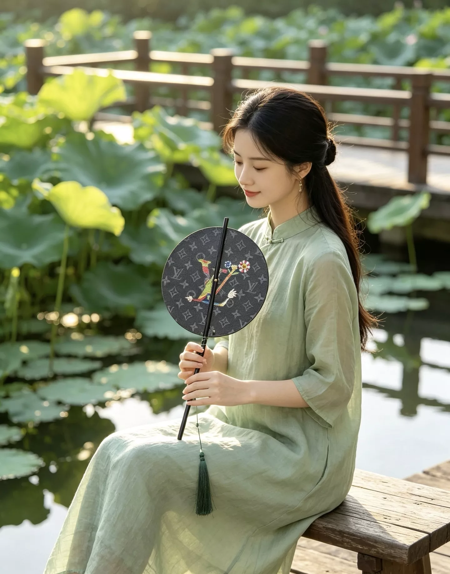 루이비통 모노그램 가죽 장식 중식 장손잡이 원형 부채 상세 이미지 38