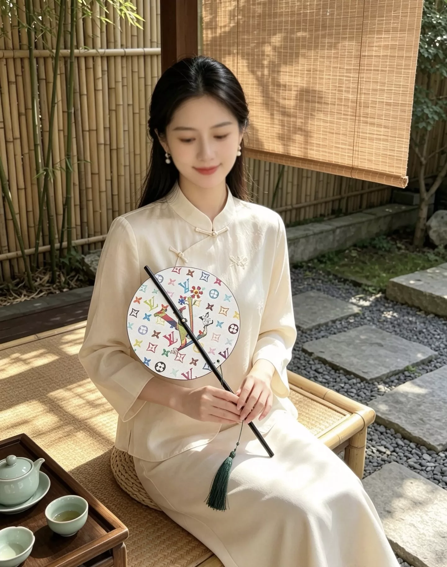 루이비통 모노그램 가죽 장식 중식 장손잡이 원형 부채 상세 이미지 1
