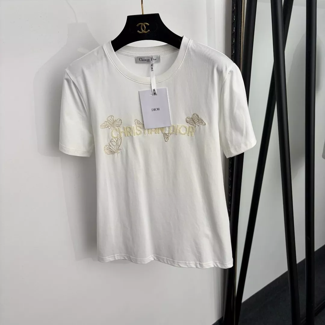 디올 비즈 레터링 버터플라이 자수 반소매 티셔츠 상세 이미지 1