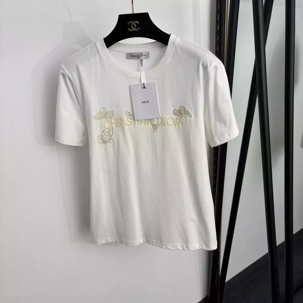 디올 비즈 레터링 버터플라이 자수 반소매 티셔츠
