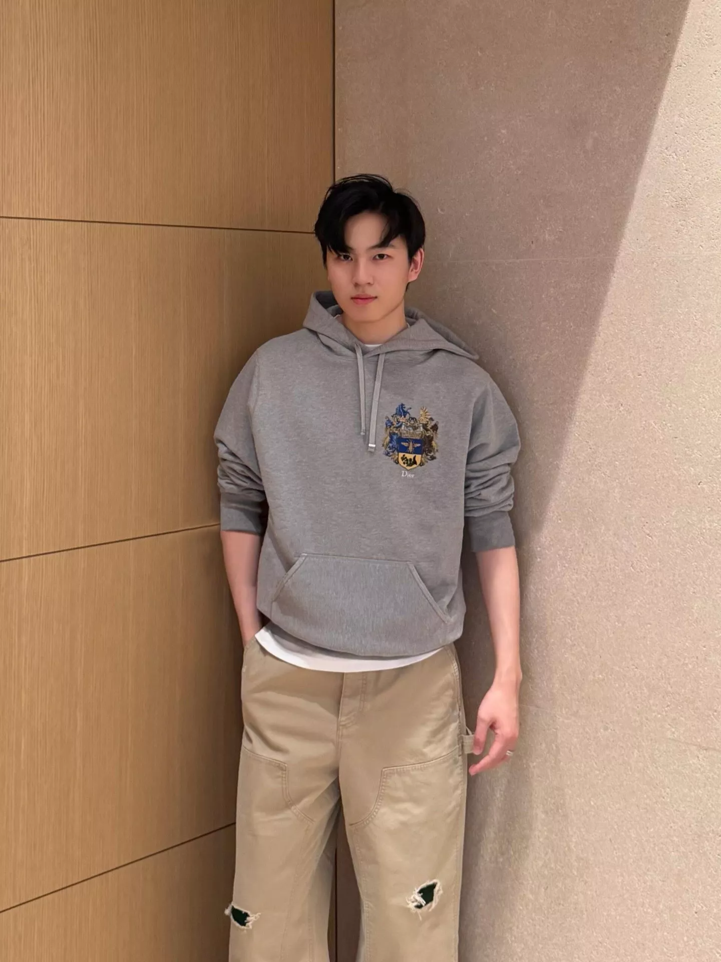 디올 배지 자수 루즈핏 후드 티셔츠 상세 이미지 12