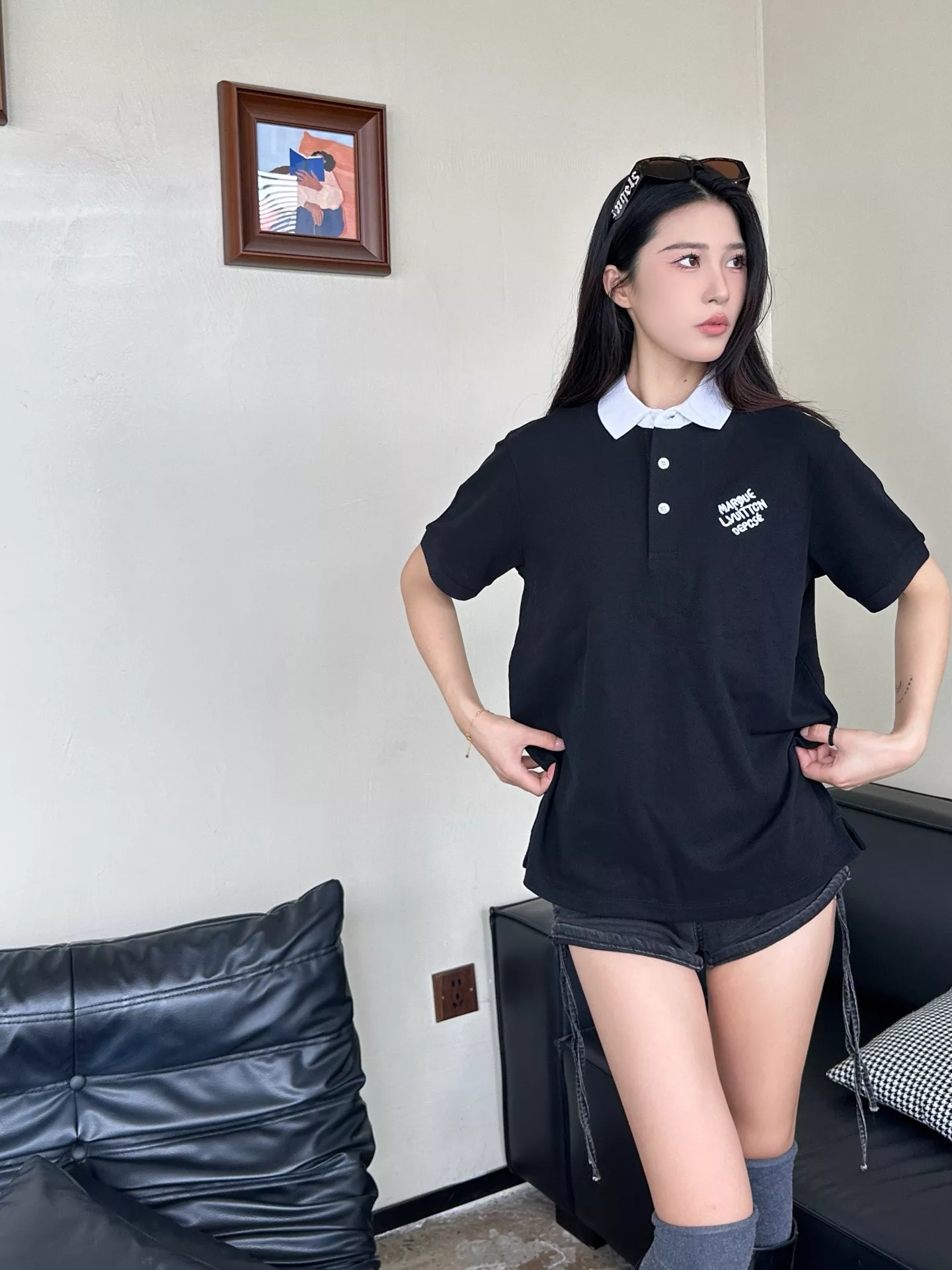 루이비통 자수 레터링 배색 카라 반소매 티셔츠 상세 이미지 12