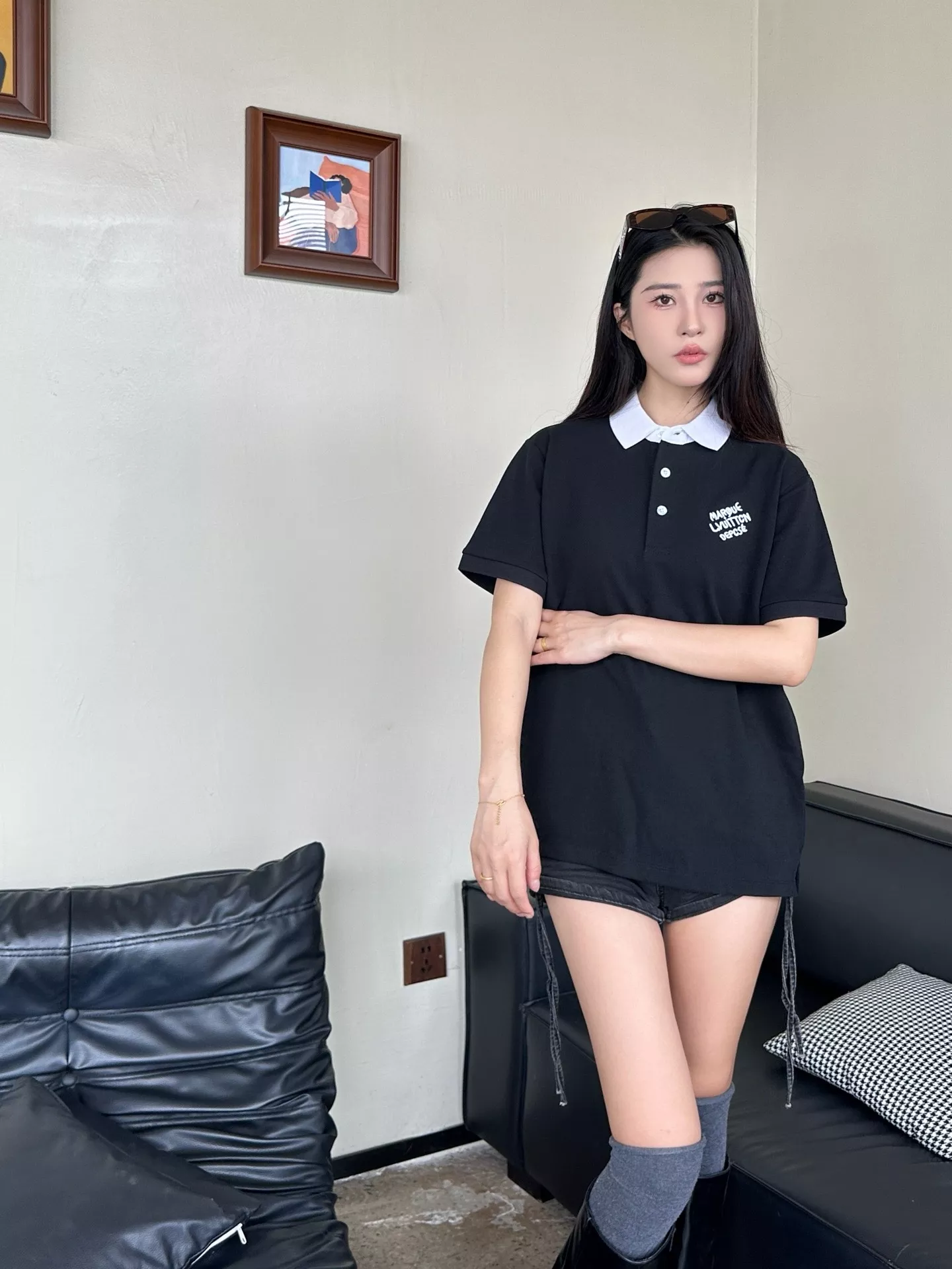 루이비통 자수 레터링 배색 카라 반소매 티셔츠 상세 이미지 13