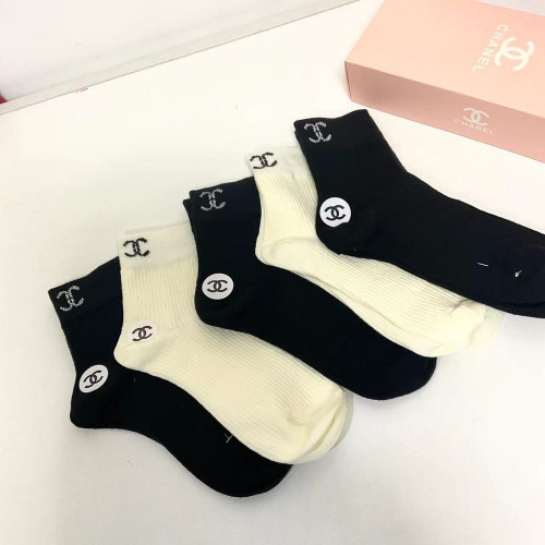 샤넬 로고 포인트 순면 중목 양말 세트