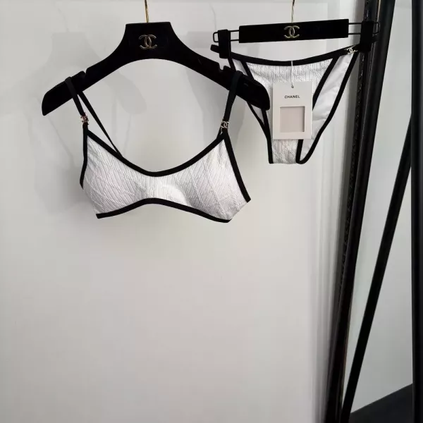 샤넬 체크 자카드 배색 트림 비키니 수영복 세트