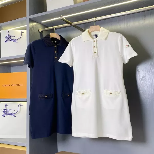 몽클레어 트위드 배색 피케 반소매 폴로 니트 원피스
