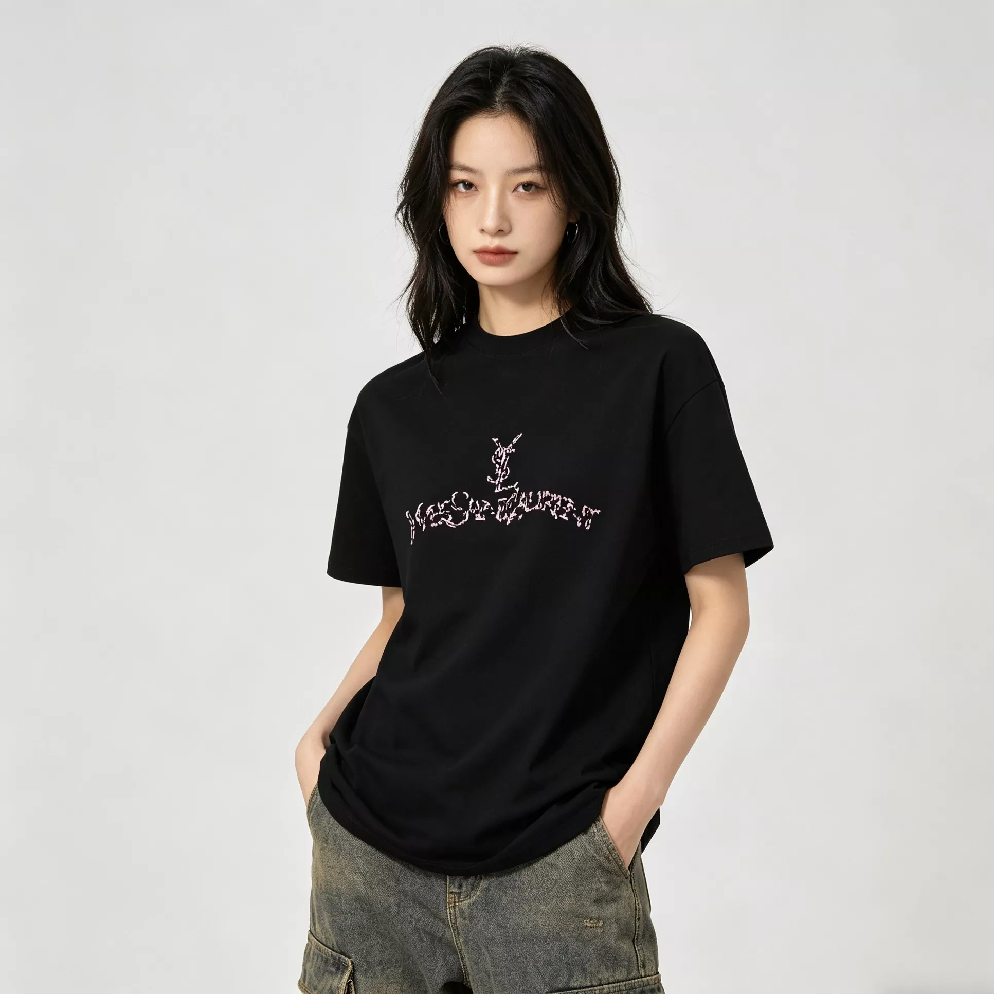 입생로랑 자수 레터링 로고 머서라이즈 반소매 티셔츠 상세 이미지 12