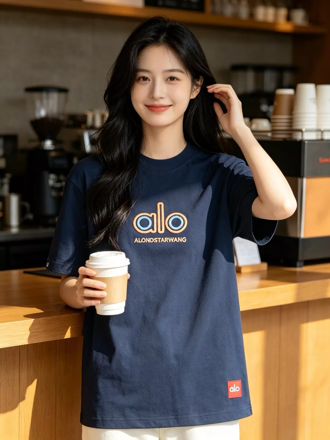 알로요가 배색 링 자수 앞뒤 로고 반소매 티셔츠 상세 이미지 11