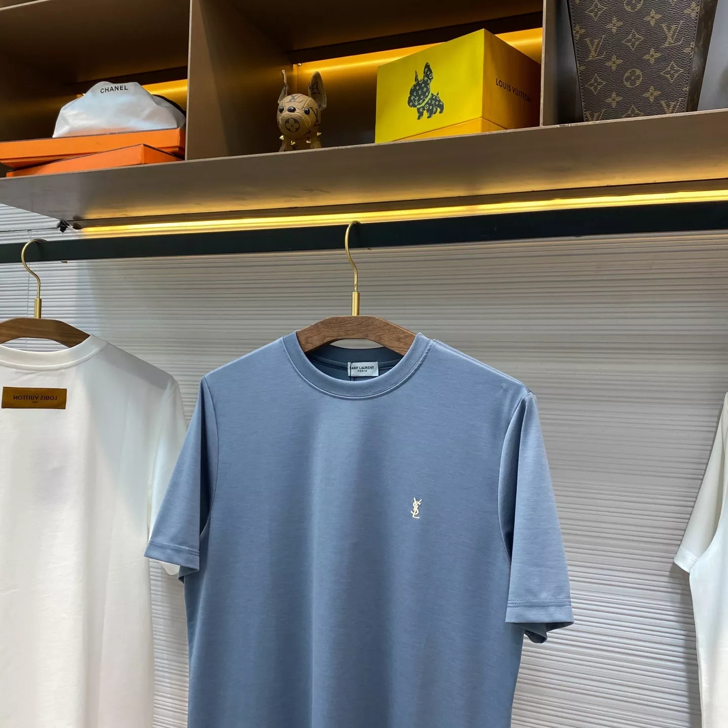 입생로랑 로고 자수 블루 코튼 반소매 티셔츠 상세 이미지 3