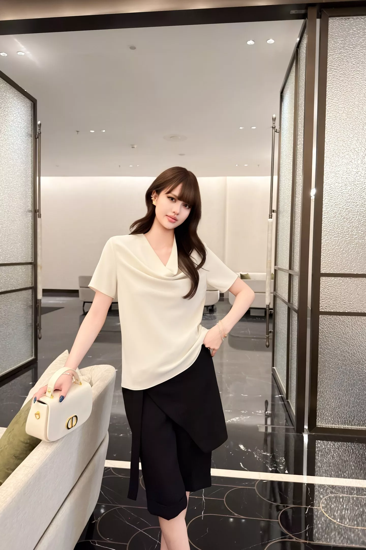 디올 드레이프 넥 루즈핏 반소매 티셔츠 상세 이미지 42