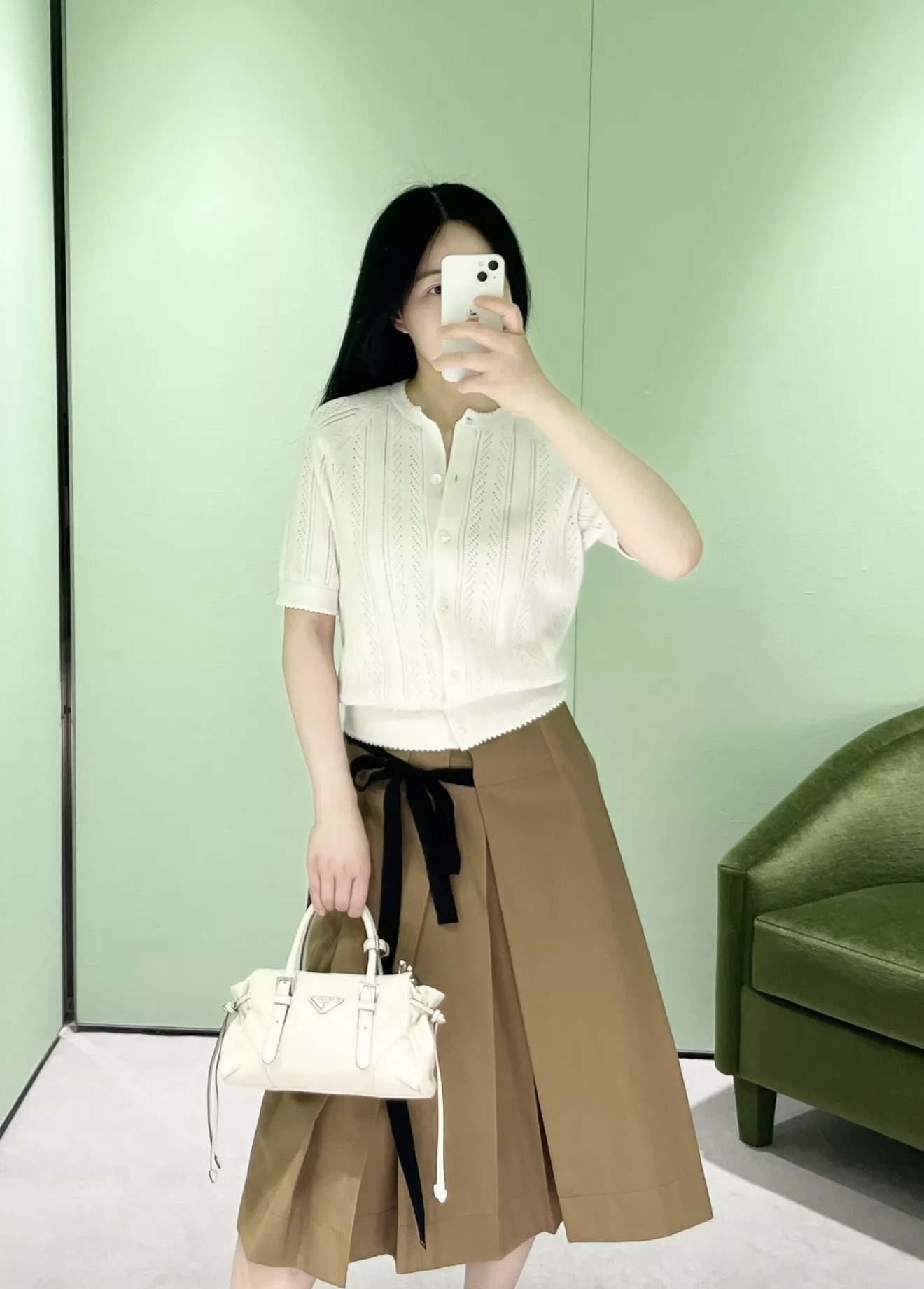 프라다 카키 리본 디테일 플리츠 미니 스커트 상세 이미지 13