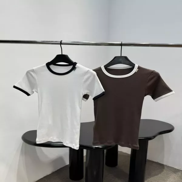 프라다 배색 리브드 슬림핏 반소매 니트