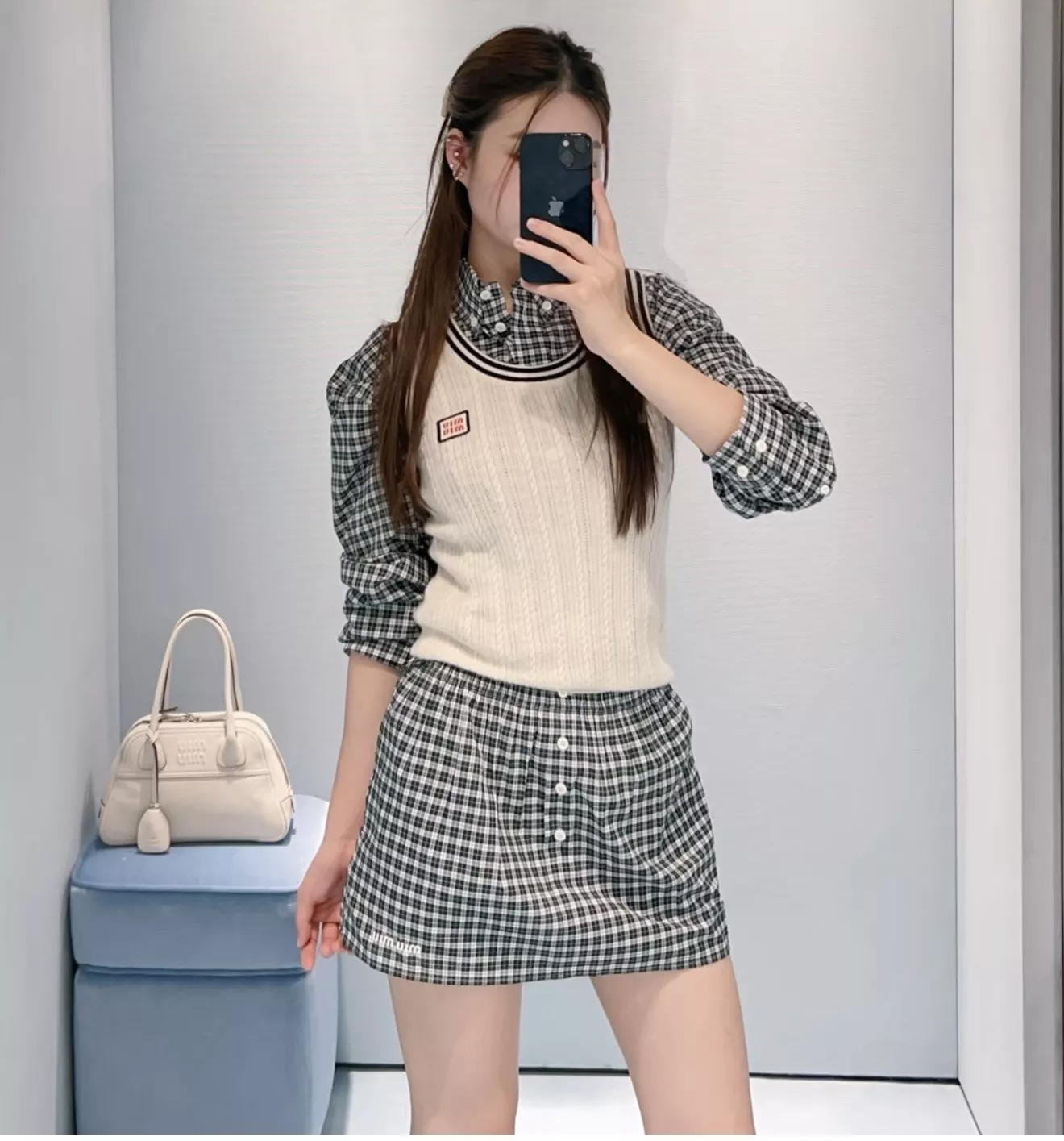 미우미우 체크 자수 코튼 셔츠 스커트 투피스 상세 이미지 18