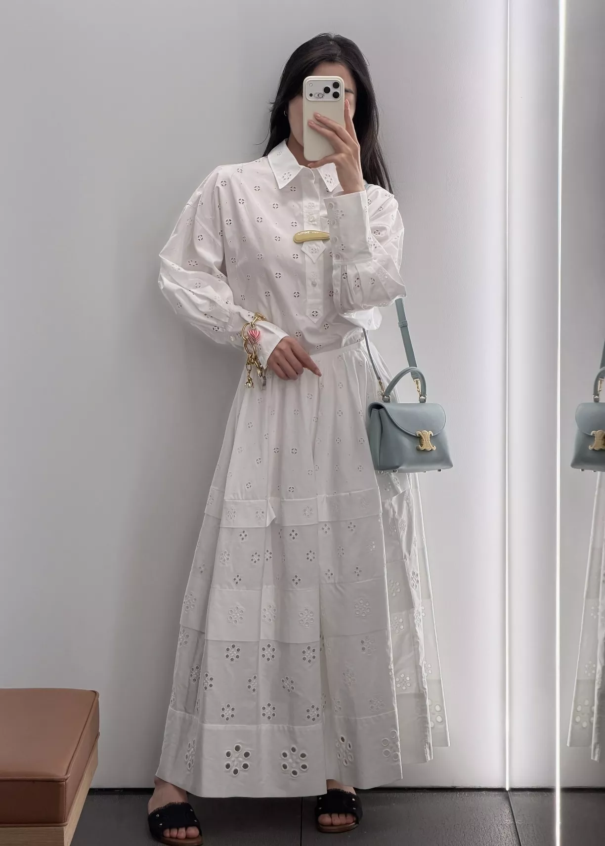 셀린느 자수 펀칭 레이어드 A라인 롱 스커트 상세 이미지 11