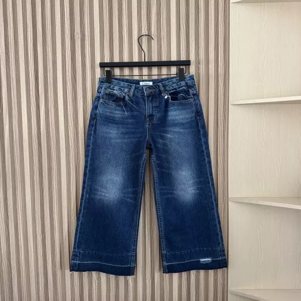 끌로에 프린지 밑단 워싱 와이드 크롭 데님 팬츠