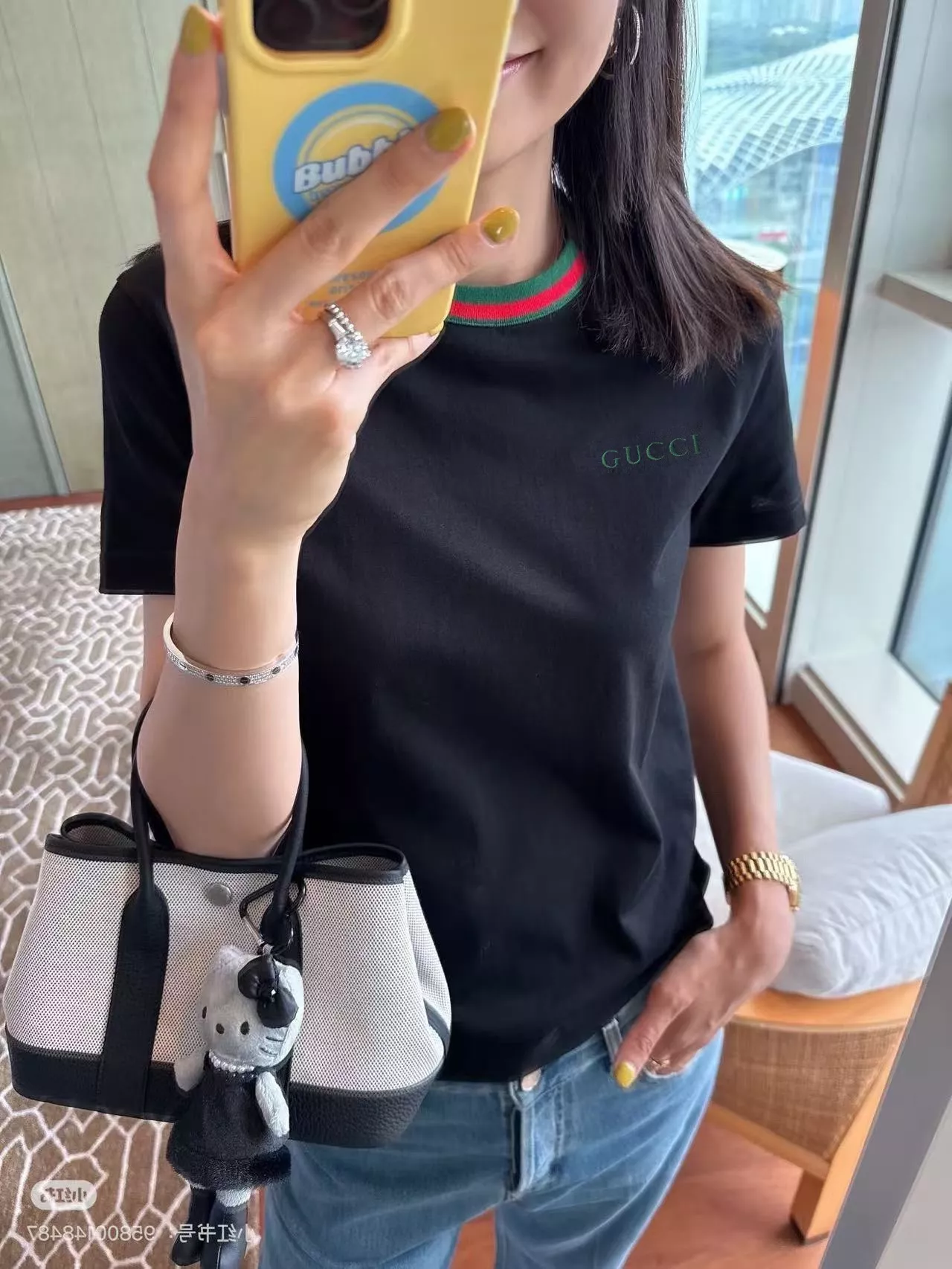 구찌 레터 자수 레드그린 골지 반소매 티셔츠 상세 이미지 13