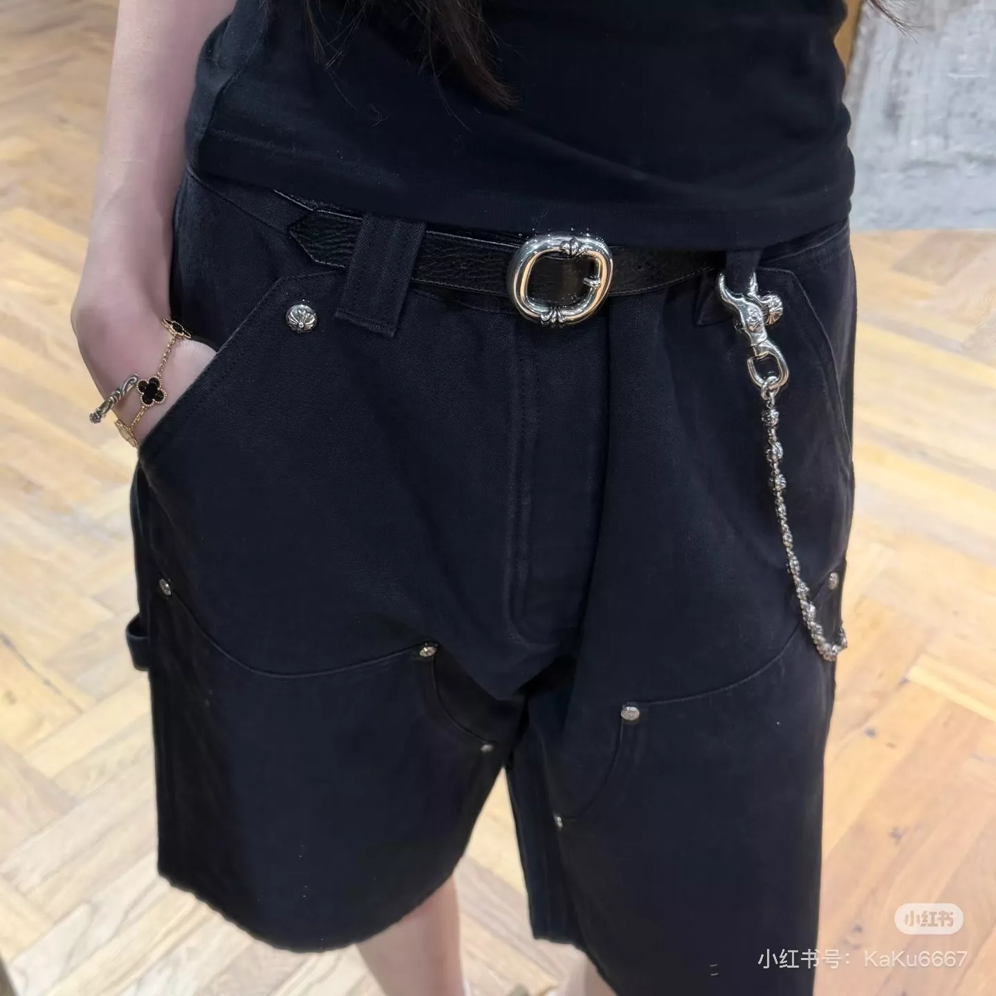 크롬하츠 가죽 크로스 패치 워싱 데님 하프 팬츠 상세 이미지 14