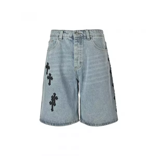 크롬하츠 가죽 크로스 패치 워싱 데님 하프 팬츠