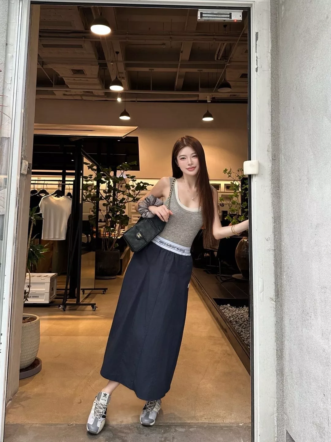 알렉산더왕 로고 자수 밴딩 허리 A라인 롱 스커트 상세 이미지 21