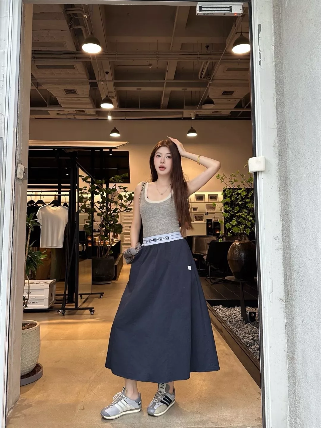 알렉산더왕 로고 자수 밴딩 허리 A라인 롱 스커트 상세 이미지 22