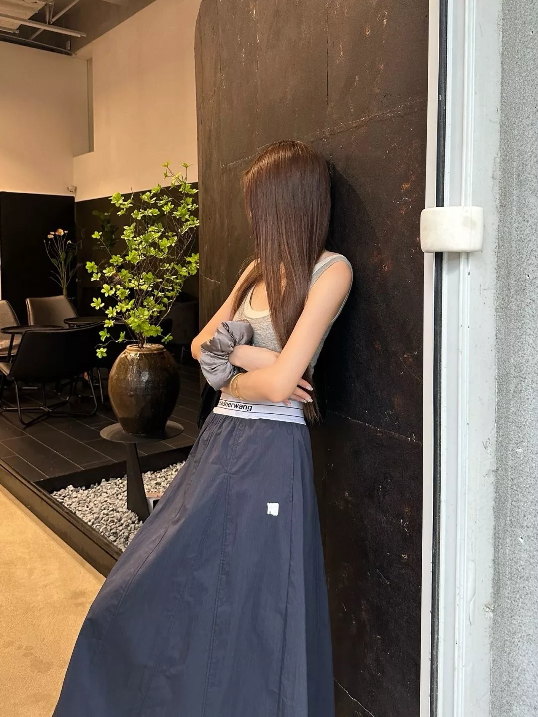 알렉산더왕 로고 자수 밴딩 허리 A라인 롱 스커트 상세 이미지 23